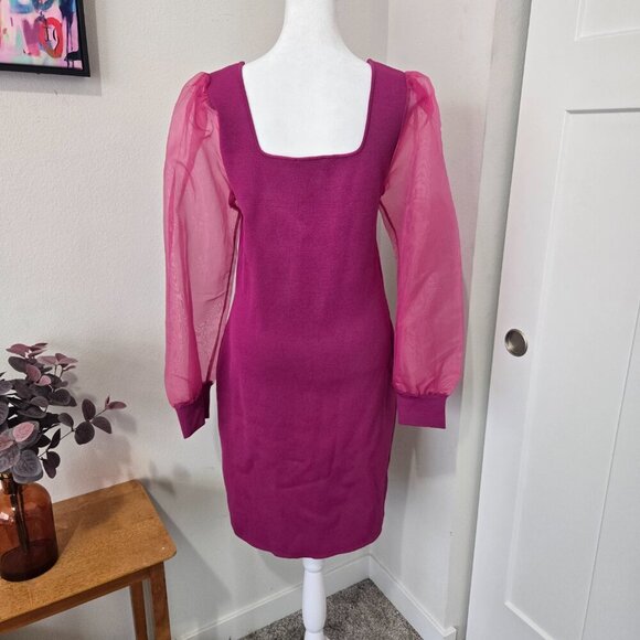 House of Harlow 1960 Fuchsia Bodycon Dress Sheer Sleeves Sz L - Picture 5 of 9